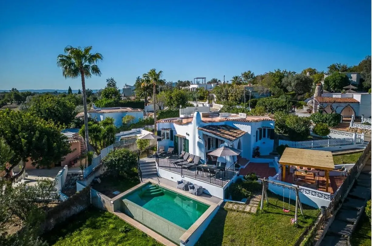Aerial view of the house, pool and garden, surrounded by pine trees